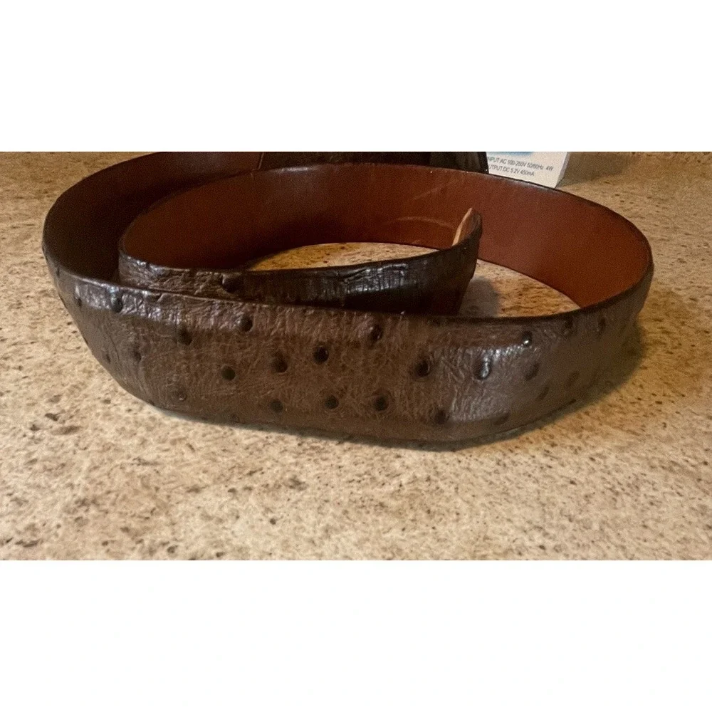 VTG James Reid Ostrich Leather Belt Western Style Brown US Metal Buckle Sz 36